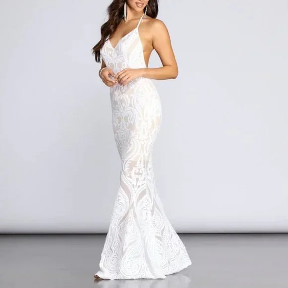 Windsor Meg Formal Sequin Halter Dress White Sz M - Picture 2 of 15